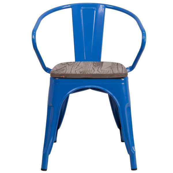 English Elm Luna Modern-Rustic Metal Bistro Chair with Wood Seat and Arms for Stylish Dining Spaces Blue CH-31270-BL-WD-GG