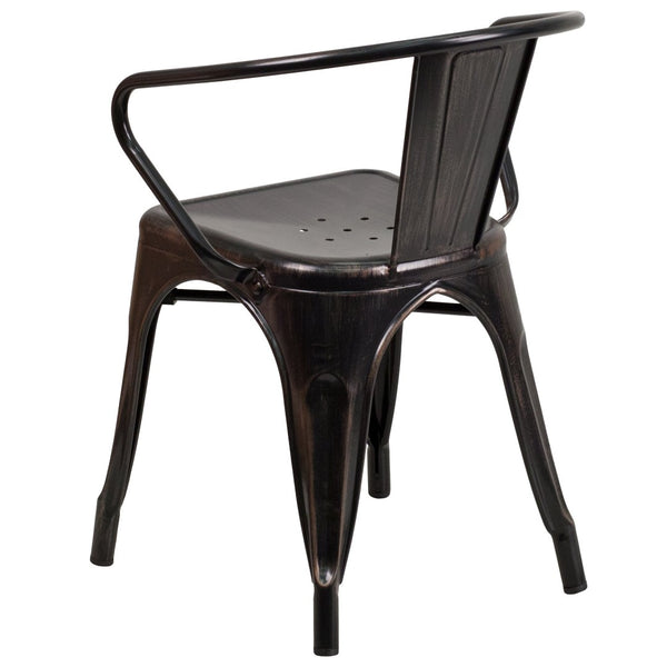 English Elm Owen Commercial Grade Metal Indoor-Outdoor Table Set with 2 Stackable Arm Chairs for Stylish Dining Black-Antique Gold 23.75" Square CH-31330-2-70-BQ-GG