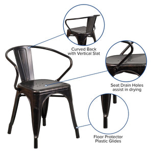 English Elm Luna Commercial-Grade Metal Bistro Chair for Indoor-Outdoor Use with Arms and Easy Storage Solutions Black-Antique Gold CH-31270-BQ-GG