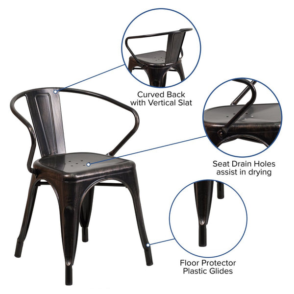 English Elm Luna Commercial-Grade Metal Bistro Chair for Indoor-Outdoor Use with Arms and Easy Storage Solutions Black-Antique Gold CH-31270-BQ-GG
