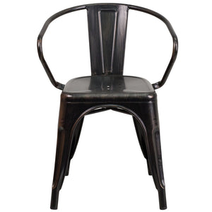 English Elm Luna Commercial-Grade Metal Bistro Chair for Indoor-Outdoor Use with Arms and Easy Storage Solutions Black-Antique Gold CH-31270-BQ-GG