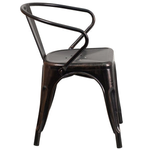 English Elm Luna Commercial-Grade Metal Bistro Chair for Indoor-Outdoor Use with Arms and Easy Storage Solutions Black-Antique Gold CH-31270-BQ-GG