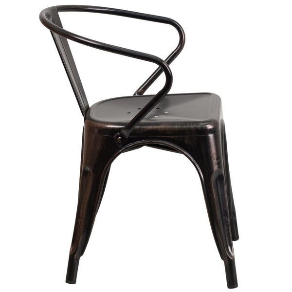 English Elm Luna Commercial-Grade Metal Bistro Chair for Indoor-Outdoor Use with Arms and Easy Storage Solutions Black-Antique Gold CH-31270-BQ-GG