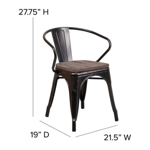 English Elm Luna Modern-Rustic Metal Bistro Chair with Wood Seat and Arms for Stylish Dining Spaces Black-Antique Gold CH-31270-BQ-WD-GG