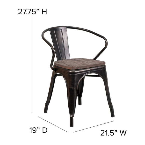 English Elm Luna Modern-Rustic Metal Bistro Chair with Wood Seat and Arms for Stylish Dining Spaces Black-Antique Gold CH-31270-BQ-WD-GG
