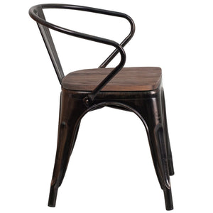 English Elm Luna Modern-Rustic Metal Bistro Chair with Wood Seat and Arms for Stylish Dining Spaces Black-Antique Gold CH-31270-BQ-WD-GG