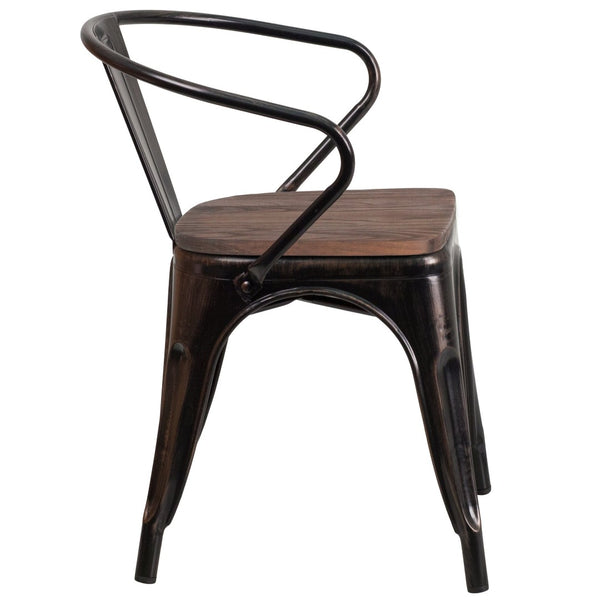 English Elm Luna Modern-Rustic Metal Bistro Chair with Wood Seat and Arms for Stylish Dining Spaces Black-Antique Gold CH-31270-BQ-WD-GG