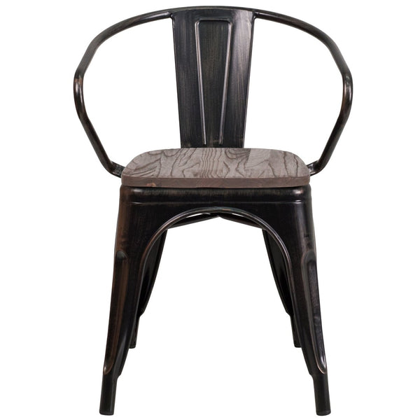 English Elm Luna Modern-Rustic Metal Bistro Chair with Wood Seat and Arms for Stylish Dining Spaces Black-Antique Gold CH-31270-BQ-WD-GG