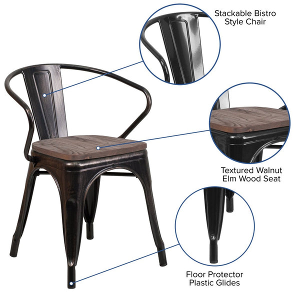 English Elm Luna Modern-Rustic Metal Bistro Chair with Wood Seat and Arms for Stylish Dining Spaces Black-Antique Gold CH-31270-BQ-WD-GG