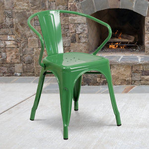 English Elm Luna Commercial-Grade Metal Bistro Chair for Indoor-Outdoor Use with Arms and Easy Storage Solutions Green CH-31270-GN-GG