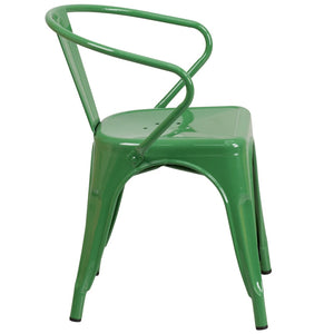 English Elm Luna Commercial-Grade Metal Bistro Chair for Indoor-Outdoor Use with Arms and Easy Storage Solutions Green CH-31270-GN-GG