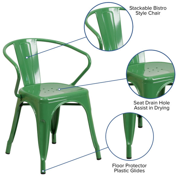 English Elm Luna Commercial-Grade Metal Bistro Chair for Indoor-Outdoor Use with Arms and Easy Storage Solutions Green CH-31270-GN-GG