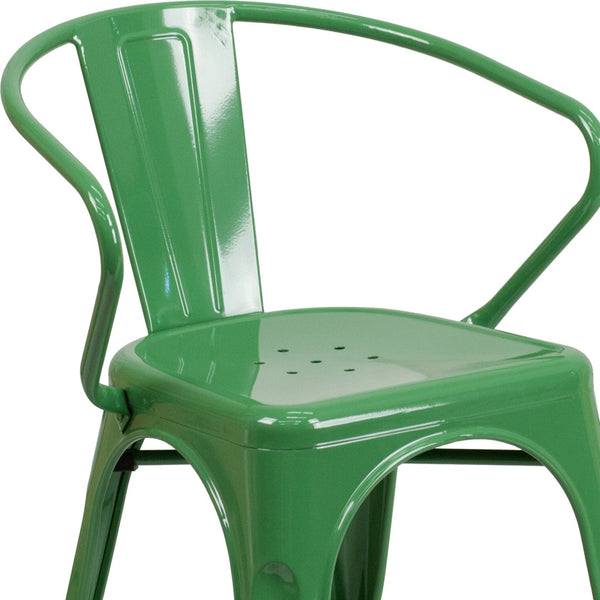 English Elm Luna Commercial-Grade Metal Bistro Chair for Indoor-Outdoor Use with Arms and Easy Storage Solutions Green CH-31270-GN-GG