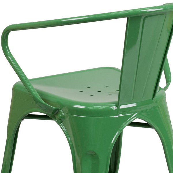 English Elm Luna Commercial-Grade Metal Bistro Chair for Indoor-Outdoor Use with Arms and Easy Storage Solutions Green CH-31270-GN-GG
