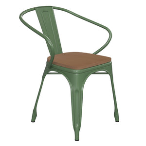 English Elm Luna Commercial Grade Metal Chair for Indoor-Outdoor Use - Durable, Stylish, and Stackable Design Teak Seat/Green Frame CH-31270-GN-PL1T-GG