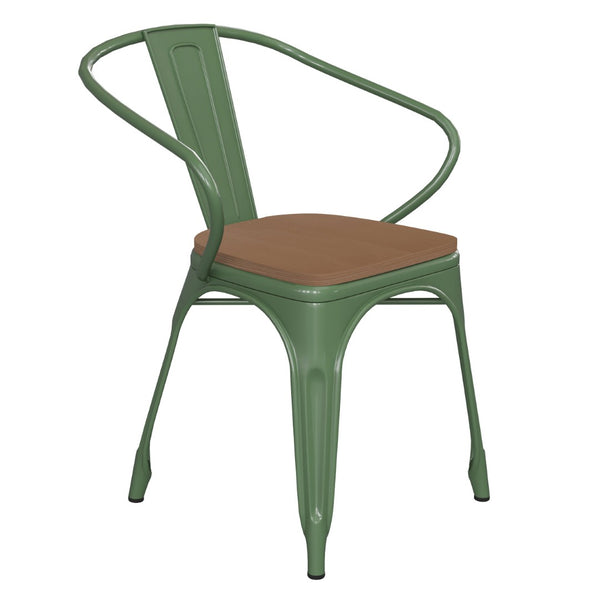 English Elm Luna Commercial Grade Metal Chair for Indoor-Outdoor Use - Durable, Stylish, and Stackable Design Teak Seat/Green Frame CH-31270-GN-PL1T-GG