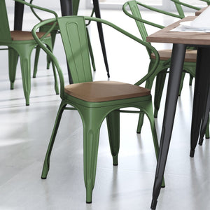 English Elm Luna Commercial Grade Metal Chair for Indoor-Outdoor Use - Durable, Stylish, and Stackable Design Teak Seat/Green Frame CH-31270-GN-PL1T-GG