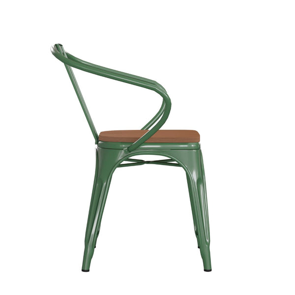 English Elm Luna Commercial Grade Metal Chair for Indoor-Outdoor Use - Durable, Stylish, and Stackable Design Teak Seat/Green Frame CH-31270-GN-PL1T-GG