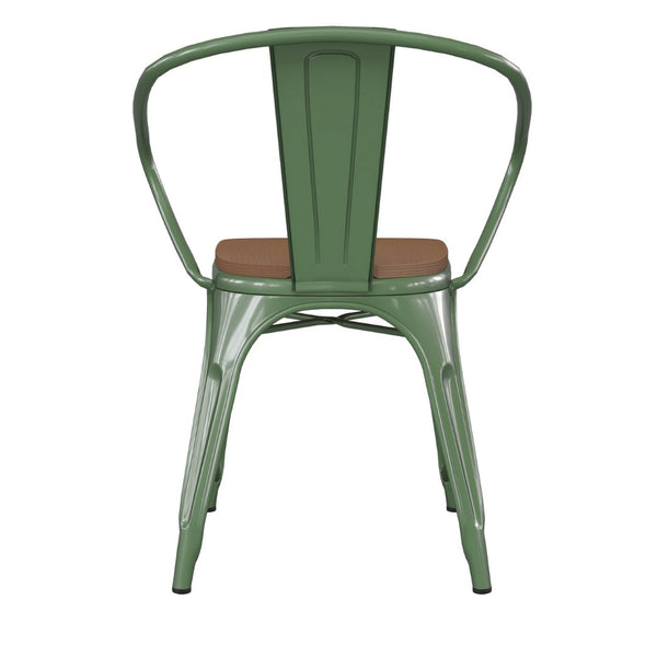 English Elm Luna Commercial Grade Metal Chair for Indoor-Outdoor Use - Durable, Stylish, and Stackable Design Teak Seat/Green Frame CH-31270-GN-PL1T-GG