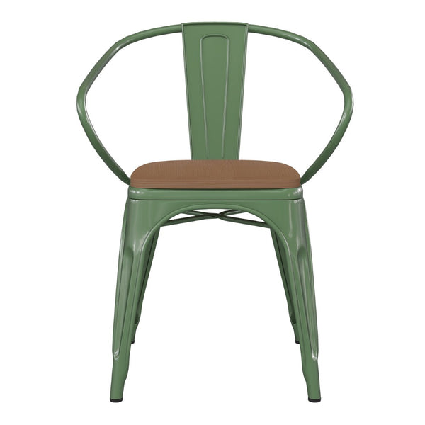 English Elm Luna Commercial Grade Metal Chair for Indoor-Outdoor Use - Durable, Stylish, and Stackable Design Teak Seat/Green Frame CH-31270-GN-PL1T-GG