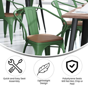 English Elm Luna Commercial Grade Metal Chair for Indoor-Outdoor Use - Durable, Stylish, and Stackable Design Teak Seat/Green Frame CH-31270-GN-PL1T-GG