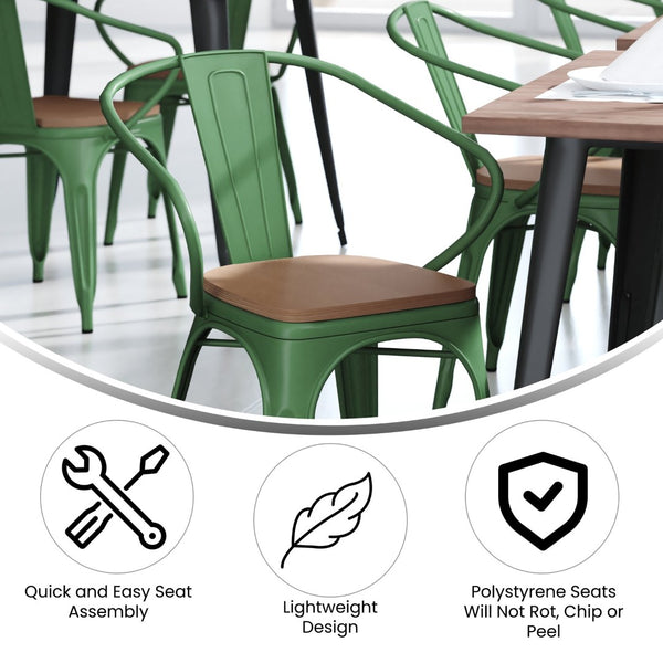 English Elm Luna Commercial Grade Metal Chair for Indoor-Outdoor Use - Durable, Stylish, and Stackable Design Teak Seat/Green Frame CH-31270-GN-PL1T-GG