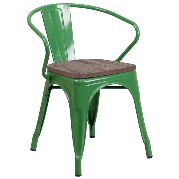 English Elm Luna Modern-Rustic Metal Bistro Chair with Wood Seat and Arms for Stylish Dining Spaces Green CH-31270-GN-WD-GG