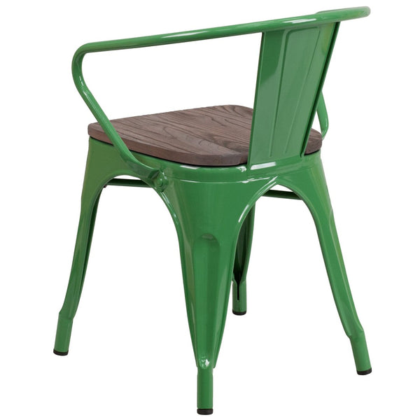 English Elm Luna Modern-Rustic Metal Bistro Chair with Wood Seat and Arms for Stylish Dining Spaces Green CH-31270-GN-WD-GG