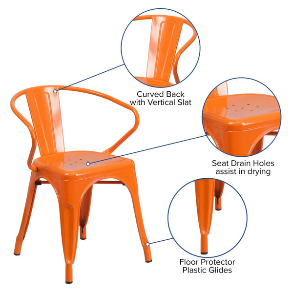 English Elm Luna Commercial-Grade Metal Bistro Chair for Indoor-Outdoor Use with Arms and Easy Storage Solutions Orange CH-31270-OR-GG