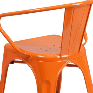 English Elm Luna Commercial-Grade Metal Bistro Chair for Indoor-Outdoor Use with Arms and Easy Storage Solutions Orange CH-31270-OR-GG