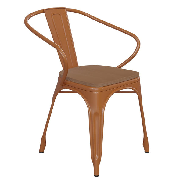 English Elm Luna Commercial Grade Metal Chair for Indoor-Outdoor Use - Durable, Stylish, and Stackable Design Teak Seat/Orange Frame CH-31270-OR-PL1T-GG