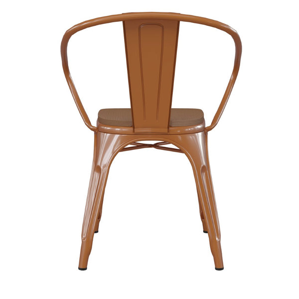English Elm Luna Commercial Grade Metal Chair for Indoor-Outdoor Use - Durable, Stylish, and Stackable Design Teak Seat/Orange Frame CH-31270-OR-PL1T-GG