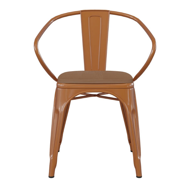 English Elm Luna Commercial Grade Metal Chair for Indoor-Outdoor Use - Durable, Stylish, and Stackable Design Teak Seat/Orange Frame CH-31270-OR-PL1T-GG