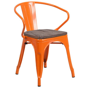 English Elm Luna Modern-Rustic Metal Bistro Chair with Wood Seat and Arms for Stylish Dining Spaces Orange CH-31270-OR-WD-GG