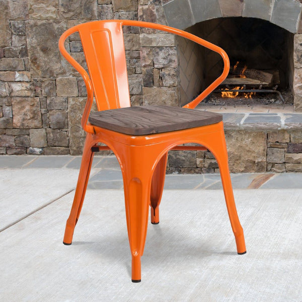 English Elm Luna Modern-Rustic Metal Bistro Chair with Wood Seat and Arms for Stylish Dining Spaces Orange CH-31270-OR-WD-GG