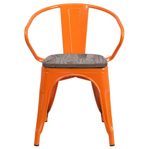 English Elm Luna Modern-Rustic Metal Bistro Chair with Wood Seat and Arms for Stylish Dining Spaces Orange CH-31270-OR-WD-GG