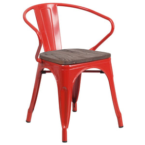 English Elm Luna Modern-Rustic Metal Bistro Chair with Wood Seat and Arms for Stylish Dining Spaces Red CH-31270-RED-WD-GG