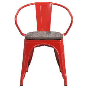 English Elm Luna Modern-Rustic Metal Bistro Chair with Wood Seat and Arms for Stylish Dining Spaces Red CH-31270-RED-WD-GG