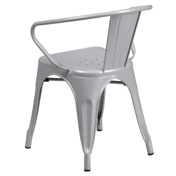 English Elm Owen Commercial Grade Metal Indoor-Outdoor Table Set with 2 Stackable Arm Chairs for Stylish Dining Silver 23.75" Square CH-31330-2-70-SIL-GG