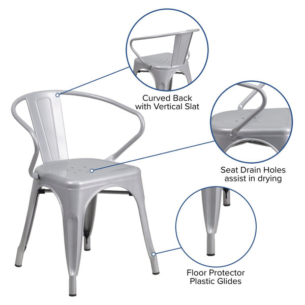 English Elm Luna Commercial-Grade Metal Bistro Chair for Indoor-Outdoor Use with Arms and Easy Storage Solutions Silver CH-31270-SIL-GG