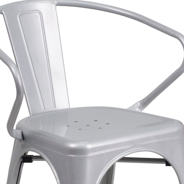 English Elm Luna Commercial-Grade Metal Bistro Chair for Indoor-Outdoor Use with Arms and Easy Storage Solutions Silver CH-31270-SIL-GG