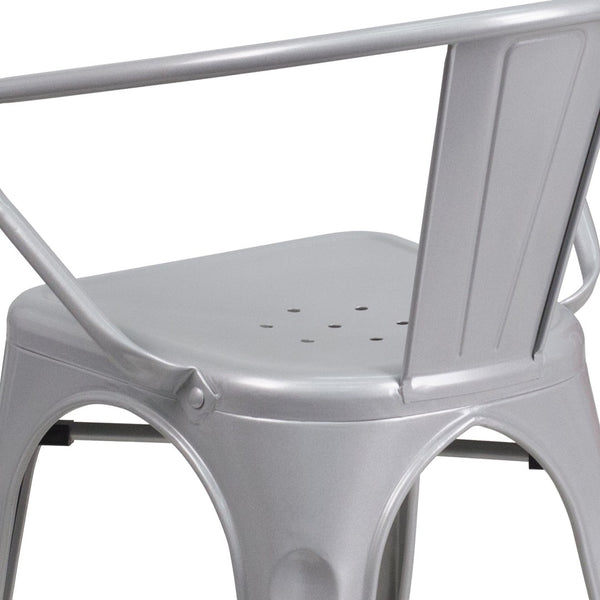 English Elm Luna Commercial-Grade Metal Bistro Chair for Indoor-Outdoor Use with Arms and Easy Storage Solutions Silver CH-31270-SIL-GG