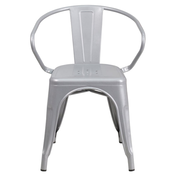 English Elm Luna Commercial-Grade Metal Bistro Chair for Indoor-Outdoor Use with Arms and Easy Storage Solutions Silver CH-31270-SIL-GG