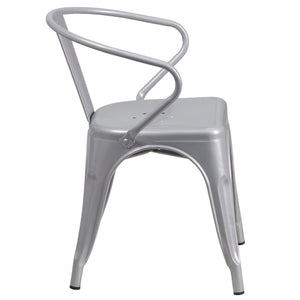 English Elm Owen Commercial Grade Metal Indoor-Outdoor Table Set with 2 Stackable Arm Chairs for Stylish Dining Silver 23.75" Square CH-31330-2-70-SIL-GG