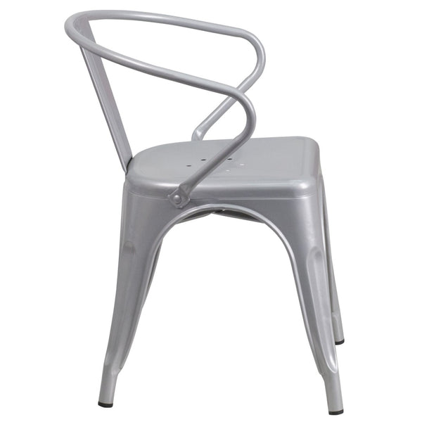 English Elm Owen Commercial Grade Metal Indoor-Outdoor Table Set with 2 Stackable Arm Chairs for Stylish Dining Silver 23.75" Square CH-31330-2-70-SIL-GG