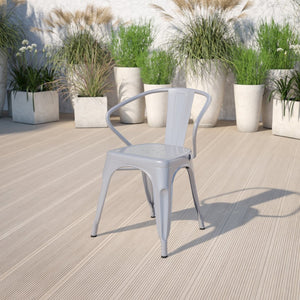English Elm Luna Commercial-Grade Metal Bistro Chair for Indoor-Outdoor Use with Arms and Easy Storage Solutions Silver CH-31270-SIL-GG