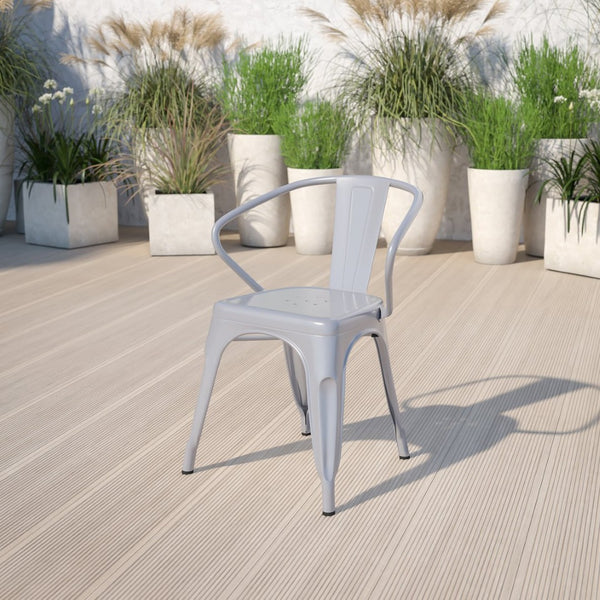 English Elm Luna Commercial-Grade Metal Bistro Chair for Indoor-Outdoor Use with Arms and Easy Storage Solutions Silver CH-31270-SIL-GG