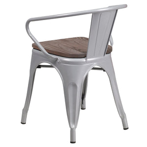 English Elm Luna Modern-Rustic Metal Bistro Chair with Wood Seat and Arms for Stylish Dining Spaces Silver CH-31270-SIL-WD-GG