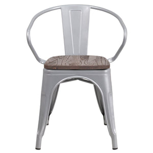 English Elm Luna Modern-Rustic Metal Bistro Chair with Wood Seat and Arms for Stylish Dining Spaces Silver CH-31270-SIL-WD-GG