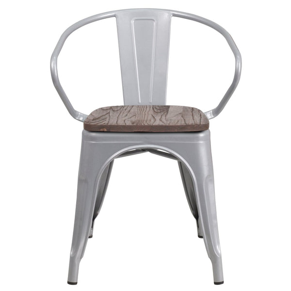 English Elm Luna Modern-Rustic Metal Bistro Chair with Wood Seat and Arms for Stylish Dining Spaces Silver CH-31270-SIL-WD-GG